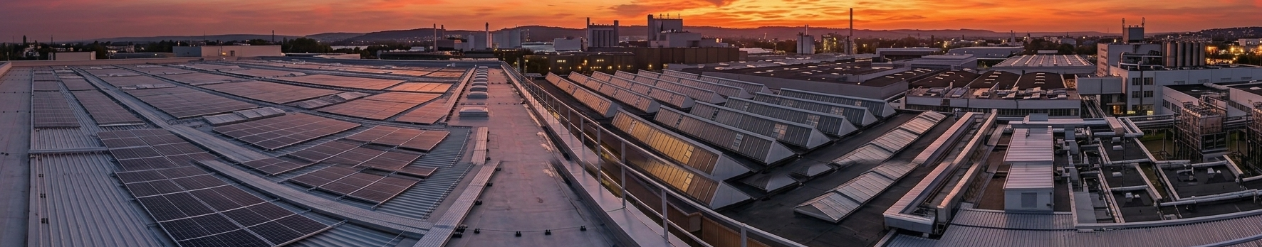 Dachlandschaft eines Industriegebiets bei Sonnenuntergang